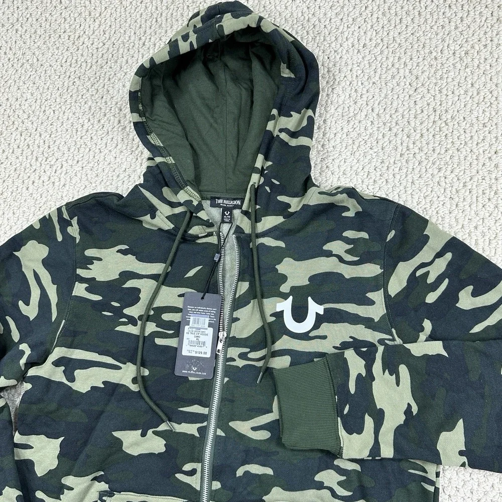 True Religion Hoodie Men XL Green Camo HS True Zip Graphic Jacket Drawstring NEW
